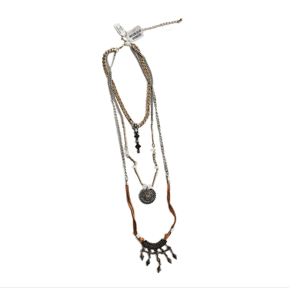 NWT Free People Cant Stand The Rain Gold/Silver Boho Leather Necklace Layered